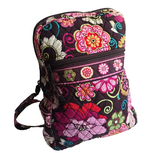 Vera Bradley Maggie in Mod Brown/Pink Quilted Floral Zipper Backpack 12” by 9” - Picture 1 of 8